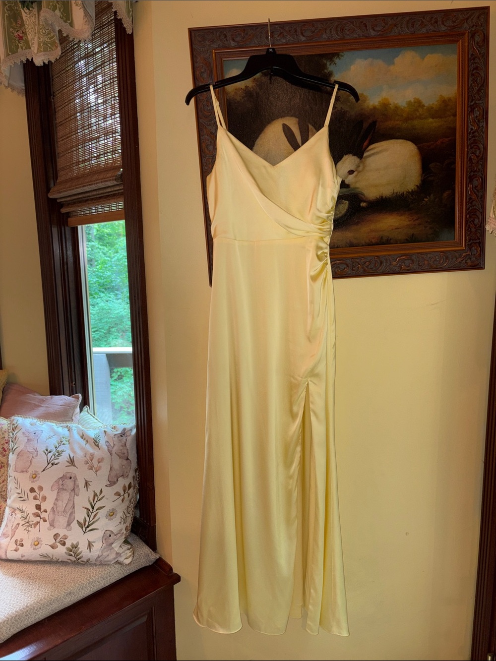 Birdy Grey Pale Yellow Satin Gown with Spaghetti Straps